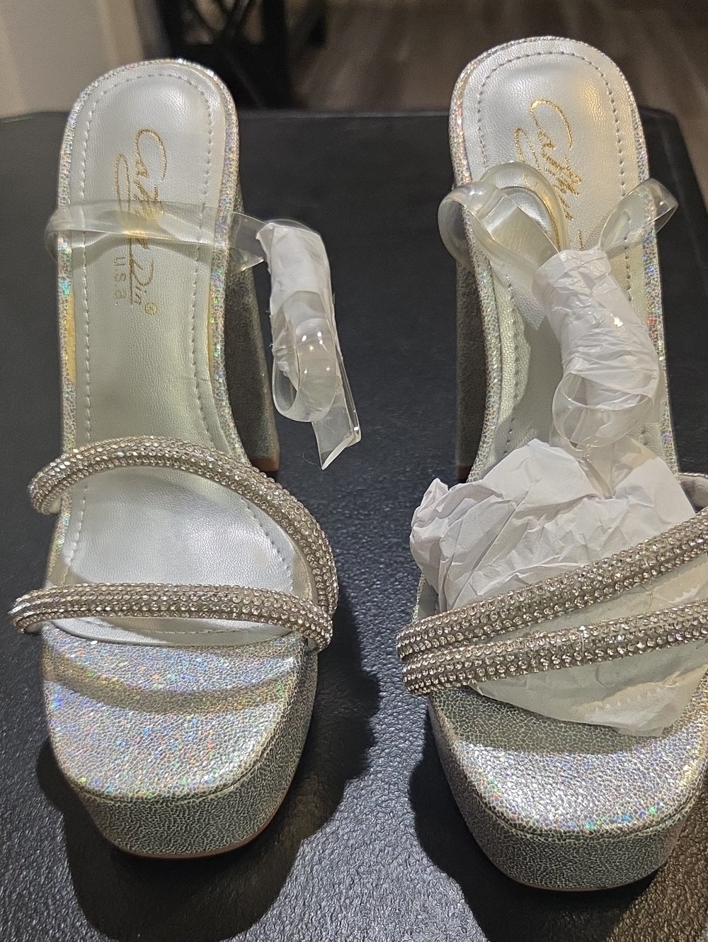 Caparros Silver Iridescent Rhinestone Platform Sandals